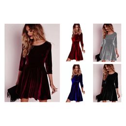 Fashion Women Swing Hem Velvet Dress Spring Ladies Party Mini Dress Vestidos Women Velour Dress Long Sleeve Slim Tops Red Y0118