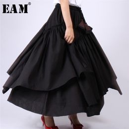 [EAM] New Spring Summer High Elastic Waist Black Layer Ruffles Split Joint Half-body Skirt Women Fashion Tide JW780 210310