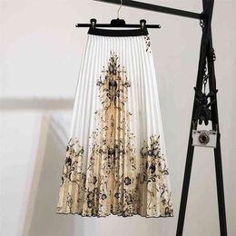 Fashion High Waist White Pleated Skirts Summer European Flower Printed Long for Women Mid-Calf Jupe Quality Skirt 210708