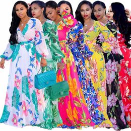 Kvinnor Maxiklänning Plus Size Blommigt tryckt Långärmad V-hals Bältade Chiffongklänningar Casual Beach Lösa S-3XL-5XL