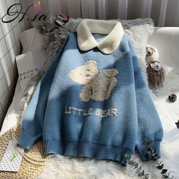 H.SA Woman Sweaters Turn Down Collar Cartoon Cute Loose SWEATER Pullovers BEAR Oversized Pull Tops jerseys mujer 210716