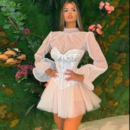 Arabic Formal Evening Dress Long Sleeves Appliques Lace Short Prom Dress Cocktail Party Gowns Homecoming Graduation Dress