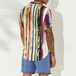 Mens Hawaiian Summer Short Sleeve Stripe Shirt Colourful Shirt Button Down Casual Regular Fit Beach Camp Blouse