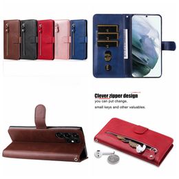 Zipper Leather Wallet Cases For Samsung Galaxy A03S 164 S22 Plus Ultra A13 M52 5G Coin ID Cash Card Slot Holder Magnetic Flip Cover Stand Business Purse Pouch Lanyard