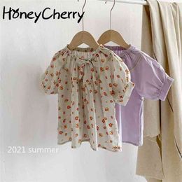 Girls short sleeve shirt summer girl baby floral lace bow Puff Sleeve Shirt girls blouse 210701