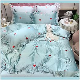 Bedding Supplies & Gardenbedding Sets Luxury Silk Cotton Love Embroidery Princess Set Ruffle Bow Duvet Er Bed Fitted Sheet Pillowcases Home