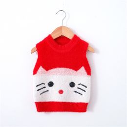 Cute Cat Baby Girls Sweaters Vest Autumn Winter Toddler Kids Sweaters Soft Warm Sleeveless Waistcoat Patchwork Knitted Sweater 210713