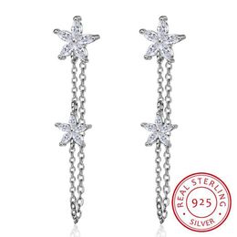 Clear Crystal Star Flower 925 Sterling Silver Tassels Earring For Women Hot Fashion Sterling-silver-jewelry Brincos Bijoux