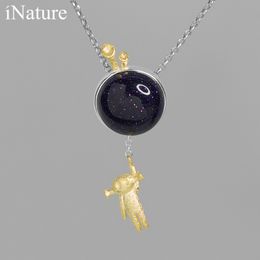 INATURE 925 Sterling Silver Blue Sandstone Intelligent Extraterrestrials Pendant Necklace For Women Jewellery Q0531