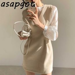 Asapgot Chic Korea Wild O Neck Puff Sleeve Blouse Women Transparent Tops V-neck Pleated Woollen Vest Dress Women Mini Fashion 210610