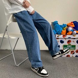 2021 Autumn New Streetwear Baggy Jeans Men Korean Fashion Loose Straight Wide Leg Pants Male Brand Clothing Black Light Blue Y0927