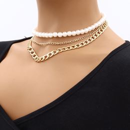 Gold Plated Multi Layer Pearl Choker Necklaces for Women Link Chain Necklace