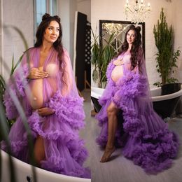 2022 Loose Long Sleeve Women's Prom Dresses Ruched Tiered Robes Tulle Maternity Photography Dress Customise