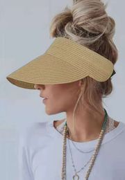 Giolshon Summer Empty Top Suncap Foldable Portable Roll Up Beach Wide Brim Women Sun Hat Fashion Casual Straw Cap Visors