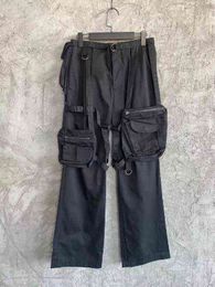 men belt multi pockets black cargo pants H1223