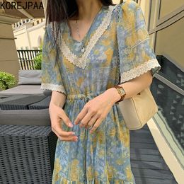 Korejpaa Women Dress Summer Korea Chic Temperament V Neck Lace Stitche Print Halo Dye Drawstring Waist Short Sleeve Vestido 210526