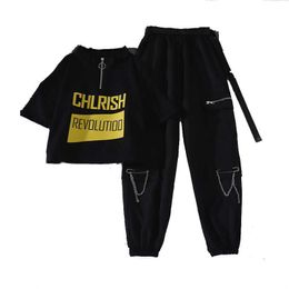 Pockets Chain Ribbon High Waist Cargo Pant Streetwear 2 Piece Shirt+ Femme 100% Cotton 210531