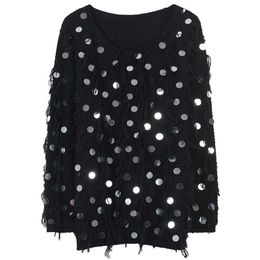 PERHAPS U Women Tassel Sweater O Neck Knitted Pullovers Long Sleeve Sequin Dot Black White Loose Winter M0087 210529