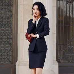 Business Women's Formal Wear High Quality Female Suit Skirt Two-piece Autumn and Winter Striped Ladies Jacket Slim-fit 210527