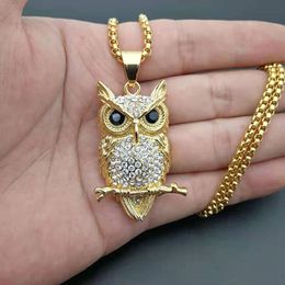 Hip Hop Iced Out CZ Zircon Owl Pendant Necklace For Women/Men Gold Colour Stainless Steel Long Necklaces Animal Jewellery