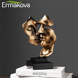 ERMAKOVA 27cm Kissing Couple Human Face Sculpture Resin Mask Statue Tabletop Ornament for Home Decor, Wedding Gifts 210811