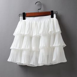 Summer Women Elasticity Waist Mini Skirt Ladies Chiffon Skirt Ladies Casual Cake Skirts Black White Femme Pleated Skirts 210303