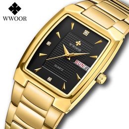 Wwoor Homens Quadrado Relógios Luxo Ouro Quartzo Pulso de Relógio de Pulso Homem Aço Inoxidável Semana impermeável Data Relogio Masculino 210527