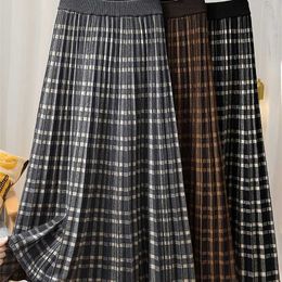 TIGENA Vintage Plaid Women Knitted Skirt Fall Winter Warm A Line High Waist Pleated Midi Long Skirt Female Lady Brown Gray 211120