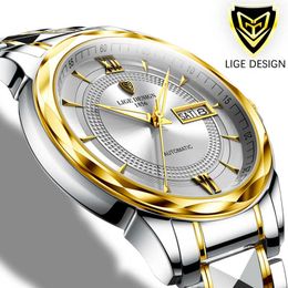 Lige Lige Fashion автоматические механические часы роскошные вольфрамовые сталь 50 м водонепроницаемые часы для мужчин бизнес дата недели часы 210527