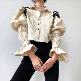 Vintage Court Style Blouse Women Short Shirt Autumn Designer New Style Hollow Out Lantern Sleeve Elegant Chic Blusas Tops SL250 210225