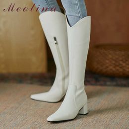 Meotina Square Toe Knee High Boots Woman High Heel Western Boots Block Heel Long Boots Zipper Ladies Shoes Autumn Winter Size 40 210608