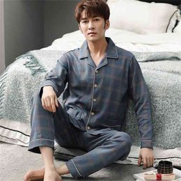 Spring 100% Cotton Pyjamas Men Lounge Sleepwear Blue Plaid Pijama Man's Warm Bedgown Home Clothes PJ Pure Hombre Invierno 210812