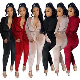 Women Korean Velvet Tracksuits Fashion Buttons Bandage Tops Skinny Pant Casual Outfits Designer Female Fall Jogger Velvets Two Piece Sets