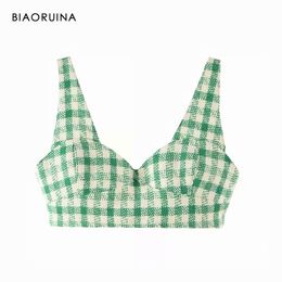 BIAORUINA Women's Twill Plaid Sexy Camisole Summer Club Style Short Tank Top Sleeveless Fashion Streetwear New Arrival 210308