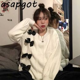 Sweet O Neck Long Sleeve White Bow Applique Pullovers Sweater Women Loose Chic Korean Fashion Sweaters&Jumpers Pull Femme Red 210610