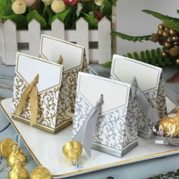 New 10pcs Creative Golden Silver Ribbon Wedding Favours Party Gift Candy Paper Box Cookie Candy gift bags Event Party Supplies RH3699