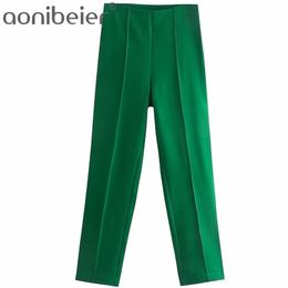 Aonibeier Za Women Autumn Office Lady Suit Pants Set Green Long Trousers Casual High Waist Straight Career Pant Female 211115