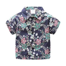 2-10T Years Birthday Kids Clothes Summer Fashion Cotton Flower Floral Print Short Sleeve Turn Down Collar Boys Shirt 210529