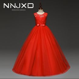 5-14 Years High-end Girls Wedding Party Lace Girl Dress Bridesmaid Clothes Princess Gowns Teen Girl Red Tulle Evening Dresses 210303