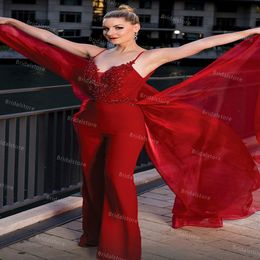 Sexy Red Jumpsuit Evening Dresses 2021 With Overskirt Train Beaded Spaghetti Straps Prom Dress Backless Summer Formal Graduation Dress Cheap