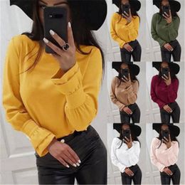 Women Solid Colours Loose Tees T-shirts Fashion Trend Round Neck Long Sleeve Shirt Tops Autumn Female Flared Cuffs Casual Bottoming Tshirt