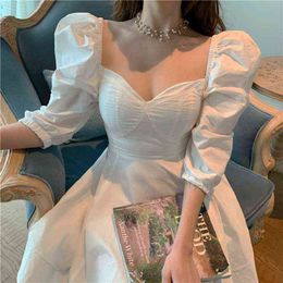 Party Dress for Women V Neck Slim White Black Korean Chic Short Dress Puff Sleeve Elegant Lolita A-line Mini Dresses Summer 2021 G1214