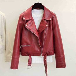 Spring Autumn Streetwear Faux Leather Jacket Women Long Sleeve Turn Down Collar with Belt Coat Ladies Red Biker Outwear 210525