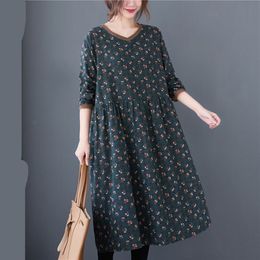 2021 New Cotton Linen Loose Spring Long Sleeve Autumn Print Floral Vintage Plus Size Women Casual Dress 210316