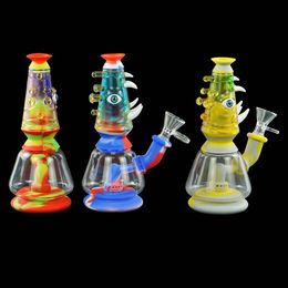 Colorful glass bong smoking recycler dab rigs 7 inch silicone water pipe cool showerhead perc oil rig bubbler with banger