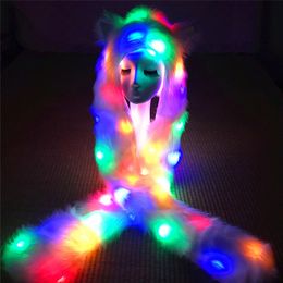 Costume Accessories Novelty Led Animal Hat Scarf Gloves Winter 3 in 1 Glowing Furry Hoodie Headwear Kawii Girls Cosplay Luminous Animal Hat