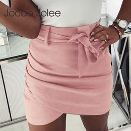 Jocoo Jolee Sexy Bandage Clubwear Mini Skirts Women High Waist Pencil Bodycon Cross Skirt with Belt Short Skirt Plus Size 3XL 210619