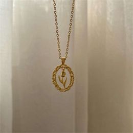 -Silvología Sterling 925 Plata Tulipán Flor Collar Oval Oro Elegante elegante Colgante de Lujo para Mujeres Cumpleaños Joyería 210929
