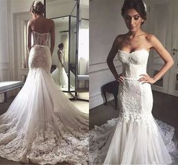 2022 Stunning Lace Wedding Dress Bridal Gowns Mermaid Style Strapless Romantic Lace Applique Ribbon Bow Women Bridal Dress Plus Size Cheap
