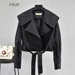 FTLZZ Autumn Women Pu Leather Jackets Short Coat Turndown Collar Belt Lace-up Motorcycle Black Punk Red Overcoat Female Outwear 211007